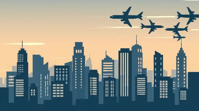 Airplane flies over city skyline at sunrise, vector illustration