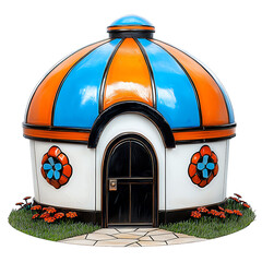 Whimsical Domed Structure with Orange and Blue Roof on Green Base with Red Flowers