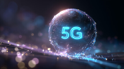 A futuristic 5G network sphere floats against a dark, abstract digital backdrop
