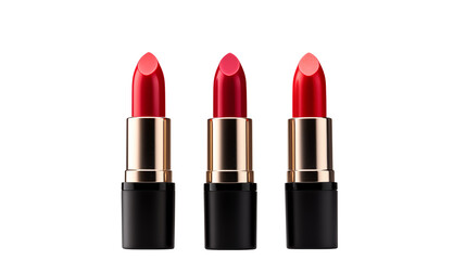Fototapeta premium Three elegant tubes of red lipstick stand against a stark, solid black backdrop for cosmetics marketing.