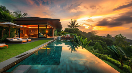 elegant villa with private infinity pool, crA pool situated high above the ocean, offering a stunning view of the vast blue waters beloweated with,