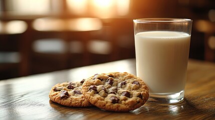 Two chocolate chip cookies and a glass of milk on a wooden table.
