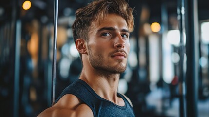 Determined young man in a gym setting showcases his athletic physique