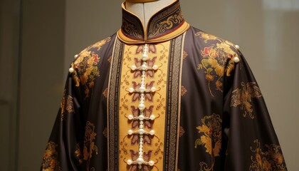 Details An imperial Chinese robe displayed on a mannequin, featuring ornate embroidery and delicate pearls woven into the fabric 2