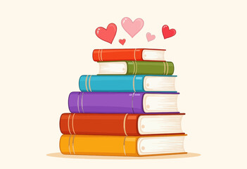 Colorful stack of books with hearts on a light background  