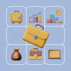 Colorful 3D illustration features grid of financial icons, including briefcase, safe, graphs
