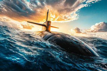 Nuclear Submarine Surfacing at Sunset in Open Ocean