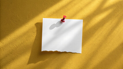 Clean minimalist overhead shot of white paper pinned to yellow wall, casting soft shadows