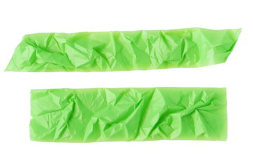 Crumpled Green Tape Strips on Transparent Background - Abstract Wrinkled Plastic Texture, Adhesive Material, Irregular Shape