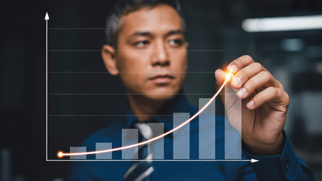 Businessman analyzing growth trends with graph, showcasing determination and focus. 2026