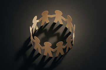 A group of paper figures in a circular huddle, Viewed from above, Symbolizing intense brainstorming, Minimalist paper art