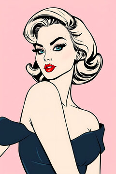 Vintage style blonde bombshell with striking blue eyes and bold red lipstick wearing an off the shoulder navy blue dress against a soft pink background