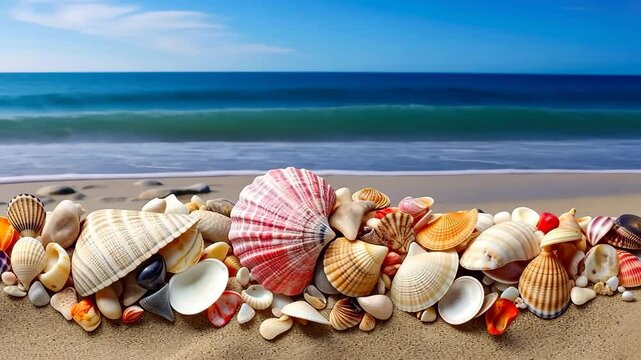 Seashells on Sandy Beach: A vibrant collection of seashells of various shapes, sizes, and colors adorn a sandy beach against a backdrop of a beautiful ocean and sky.