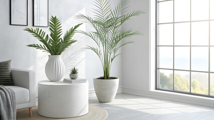 Bright Living Room With Green Plants and Large Window