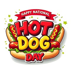 Fototapeta premium Happy national hot dog day celebration with cartoon hot dogs and festive lettering