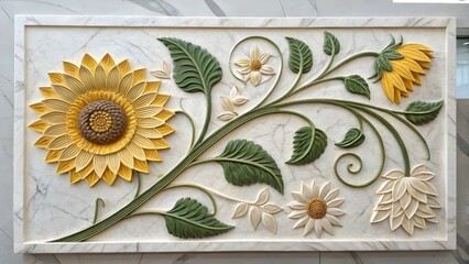 Embossed Sunflower and Daisy Floral Relief on Marble