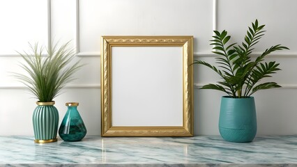 Gold Picture Frame with Green Plants and Teal Vases