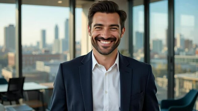 A smiling French businessman in a tailored blazer enjoys sunlight in his modern office with an urban skyline view, presenting a professional persona.