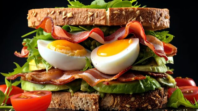Bacon Avocado Egg Sandwich: A hearty and delicious bacon, avocado, and egg sandwich on multigrain bread. Close-up shot of a mouthwatering sandwich.
