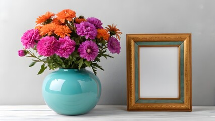 Teal vase with orange and pink flowers beside wooden picture frame