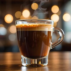 Fototapeta premium Enjoy a Hot Steaming Cup of Delicious Espresso Coffee with Creamy Foam on Top in a Glass Mug