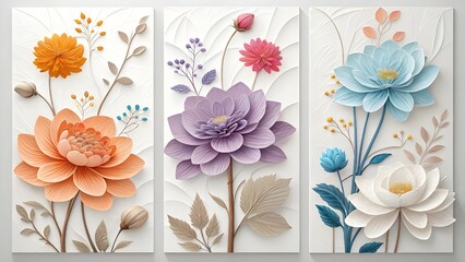 Three panels of embossed paper flowers in pastel colors