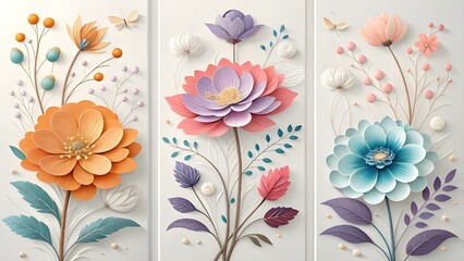 Three Paper Cut Flowers With Butterflies And Berries