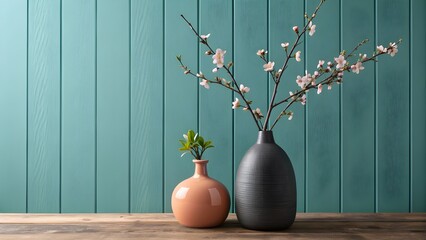 Two Vases with Flowers on Wooden Surface Teal Wall