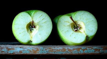 Two halved green apples on rustic wooden surface, close-up view of the core.