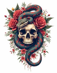 Vector illustration of a skull t-shirt design wrapped around a snake and filled with blooming flowers. Generate AI