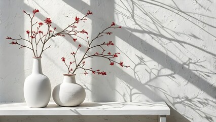 Two white vases with red flowering branches on a white shelf