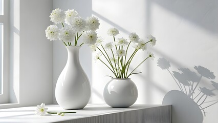 Two white vases with white flowers on a white surface