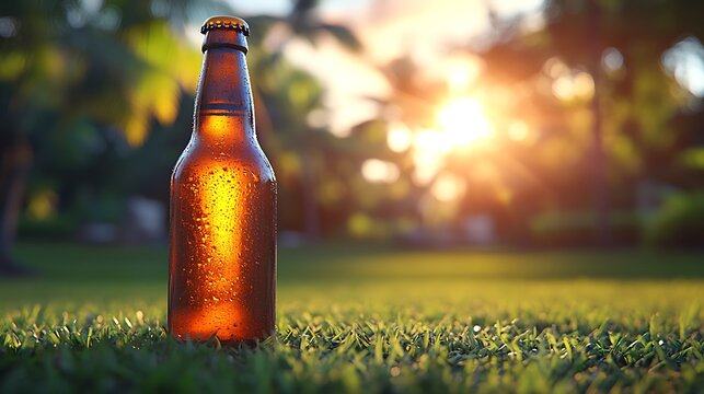 A bottle of beer on dewy grass in the sunshine. - Powered by Adobe