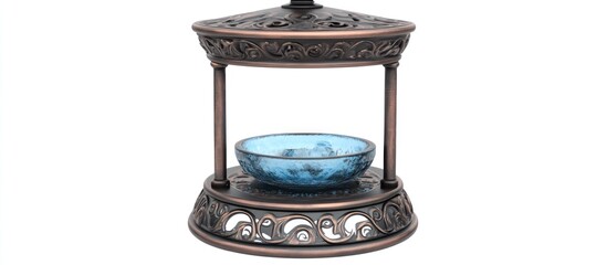 Intricate metal crafted candle holder with blue glass bowl for scented oil diffusion