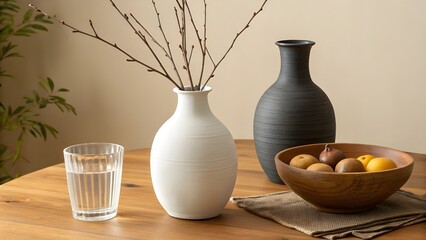 White vase with branches and dark vase with fruit bowl