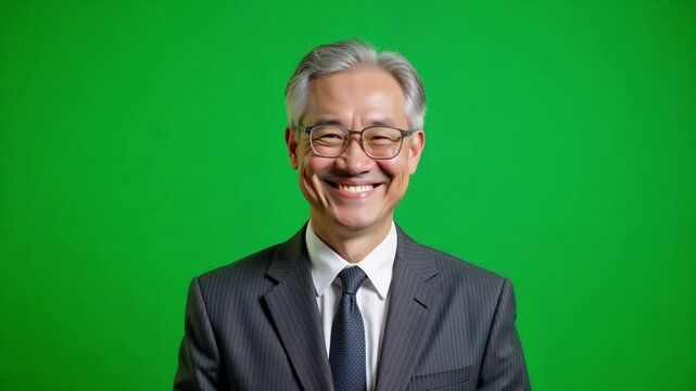 A smiling senior Chinese businessman in a gray suit with glasses stands before a green screen, offering a professional and approachable image for compositing.