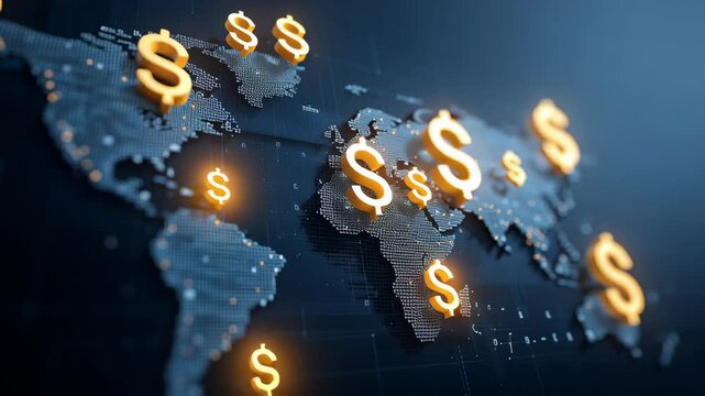 Global trade small business. Digital world map with glowing golden dollar signs highlighting global finance, economy, and digital connections in futuristic global economy sign - Powered by Adobe