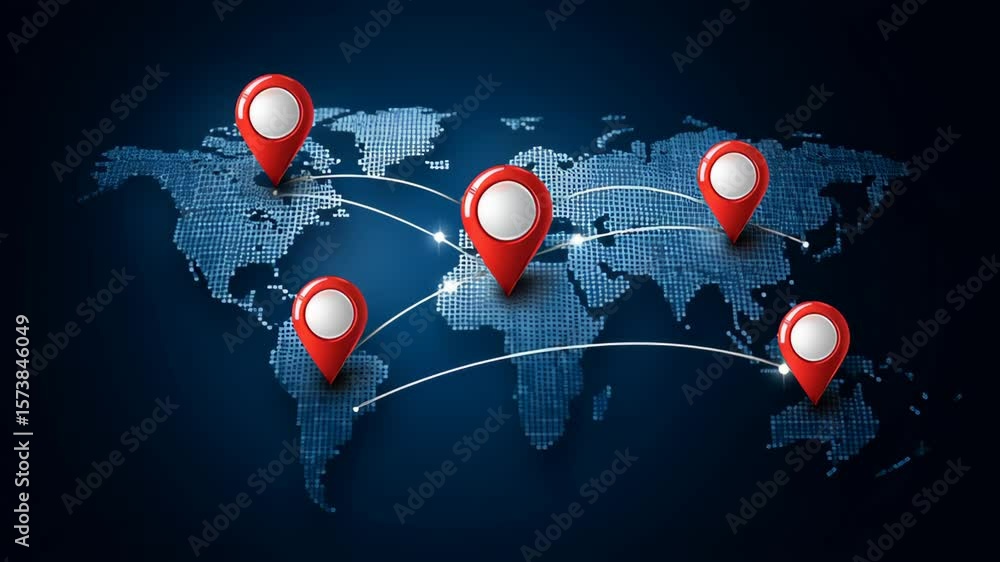 Poster global trade small business. global map location pins in red connected by white lines illustrating g