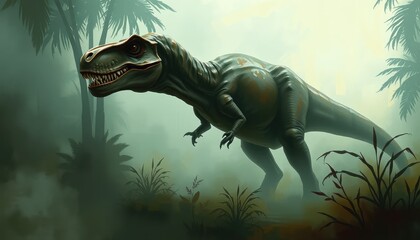 Digital painting of a majestic T-Rex walking through a foggy prehistoric jungle, with impressionist brush strokes and moody lighting 2