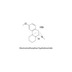 Dextromethorphan hydrobromide skeletal structure. Antitussive compound schematic illustration. Simple diagram, chemical formula.