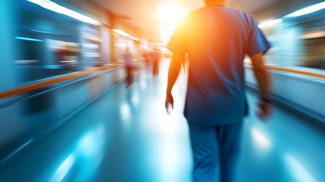 Blurred motion of a person walking down a hospital hallway. - Powered by Adobe