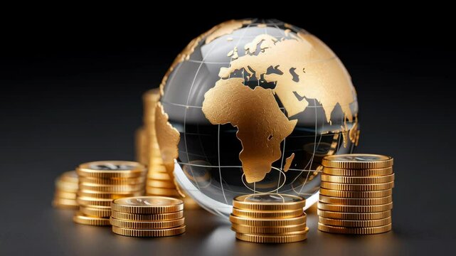Global trade small business. Golden globe with continents and stack of gold coins on dark surface symbolizing global finance wealth economy growth and shining metallic finish