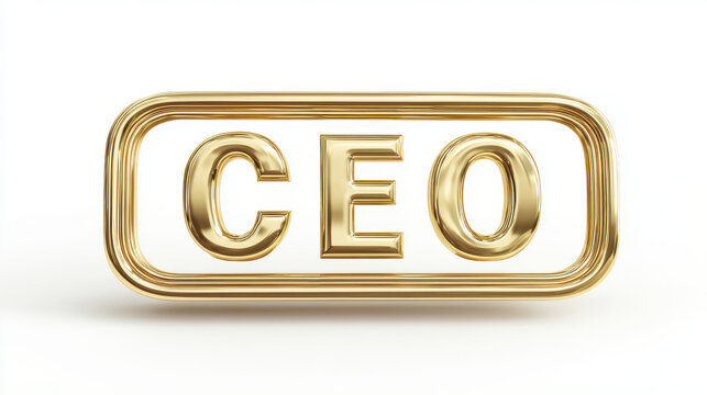 Gold CEO nameplate with raised metallic letters on white background symbolizing leadership boss title business executive authority concept