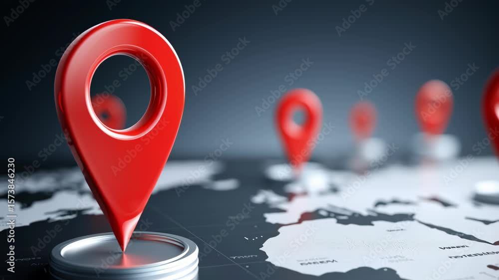 Poster global trade small business. red location pin world map with multiple markers highlighting global na