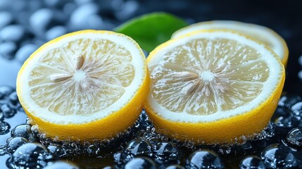 Two lemon halves with seeds, glistening, on a dark background with water droplets.
