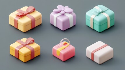 Elegant assortment of playfully designed gift boxes in pastel hues, isometric view