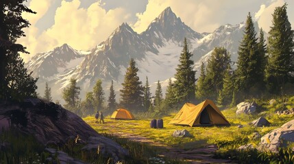 Mountain camping illustration with nature backdrop