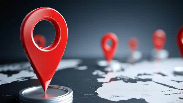 Global trade small business. Red location pin world map with multiple markers highlighting global navigation, map, and travel planning featuring red marker pins for precise