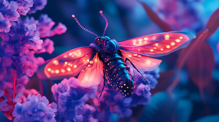 An AI-augmented moth fluttering in a neon forest with synthetic antennae detecting signals 