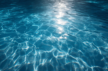 Obraz premium Top view of blue and green water in a swimming pool with ripples and sunlight reflections. Background, banner, summer vacation concept.